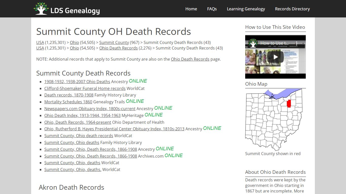 Summit County OH Death Records - LDS Genealogy
